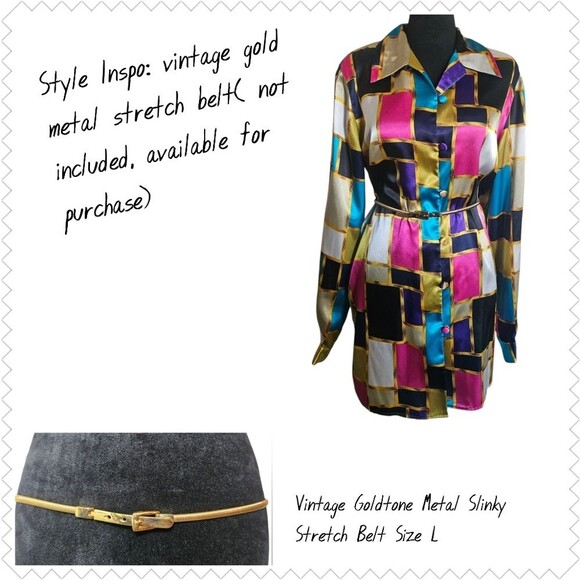 Vintage Christie & Jill Colorful Colorblock Satin Button-down Long Blouse Size M - Picture 6 of 6